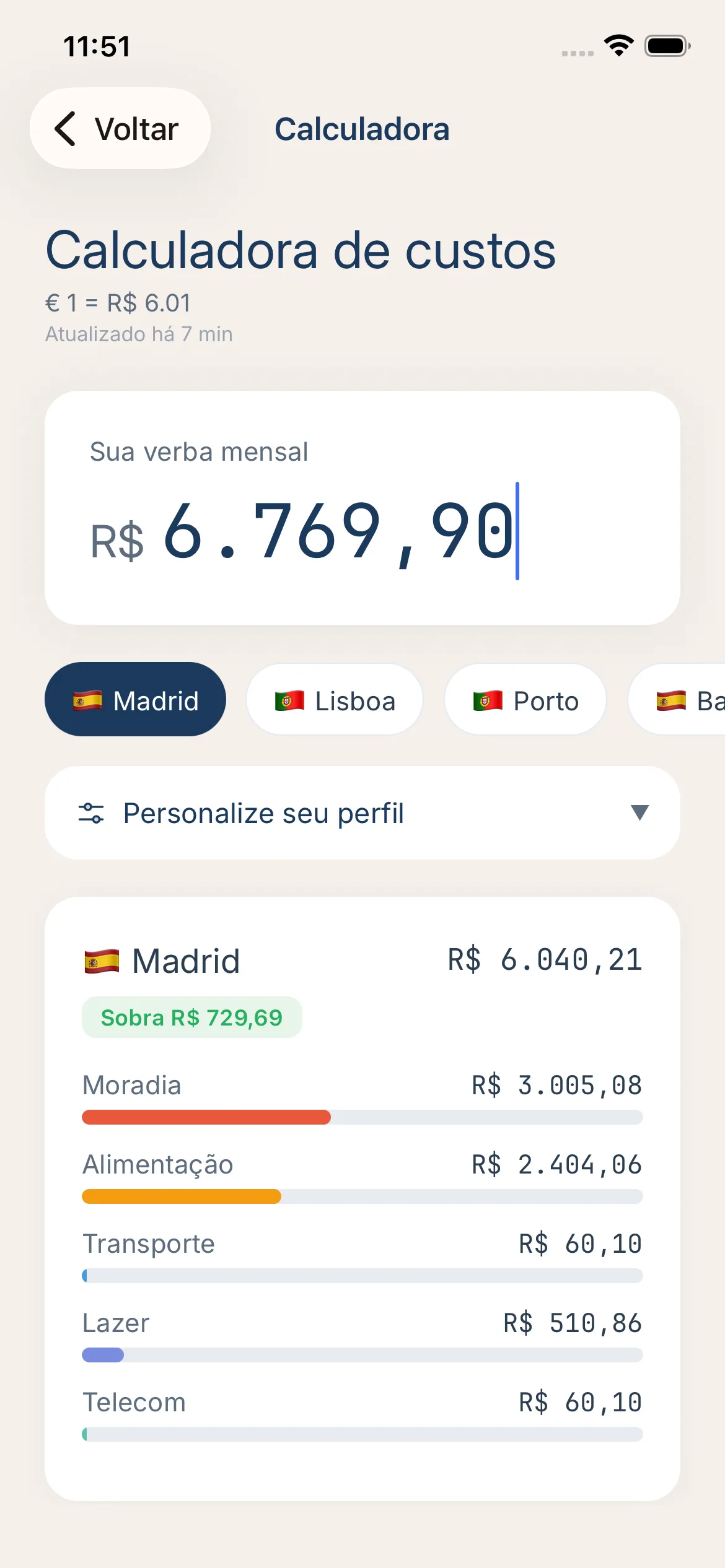 Screenshot: Calculadora de custos