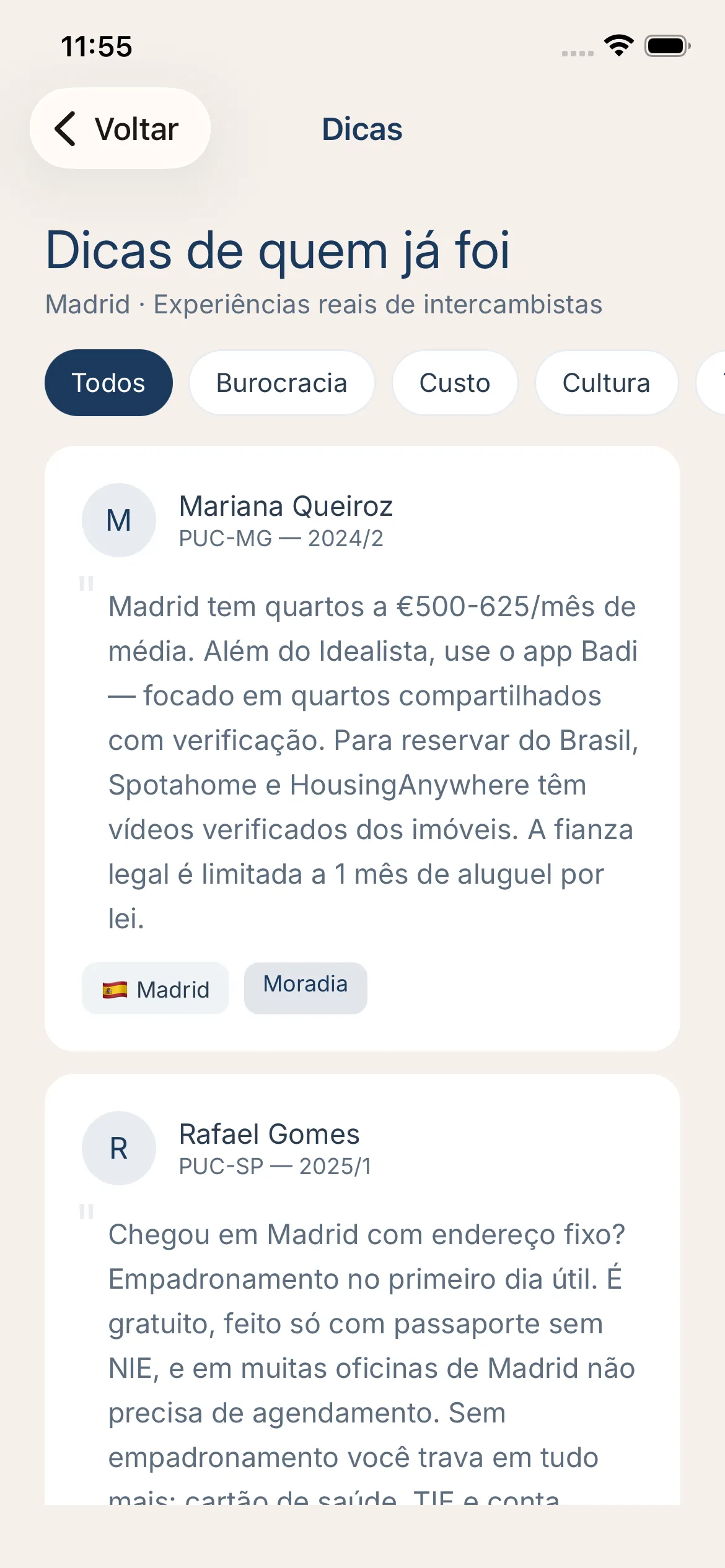 Screenshot: Dicas de quem já foi